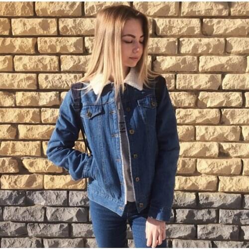 2021 Autumn Winter Warm Outwear Solid Casual Jean Coat Feminina Free Shipping Women Fashion Thick Lambswool Denim Jacket