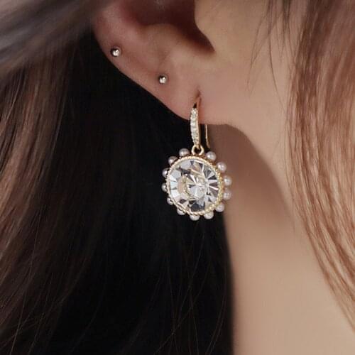 Korean Luxury Oversize Round Zircon Crystal Drop Earrings Vintage Gold Color Earrings For Women Jewelry Wedding Party Gifts