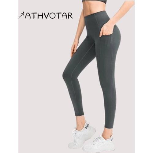 ATHVOTAR Fitness Women Pants High Waist Hip Lift Abdomen Nudity Sport Yoga Pant Side Pocket Running Breathable Gym Sportswear