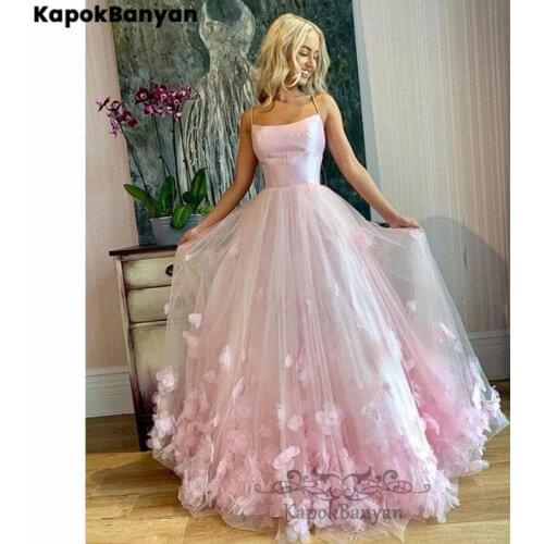 Flowers Spaghetti Straps Zipper Tulle A-line Long Prom Dresses for Sweet Girls