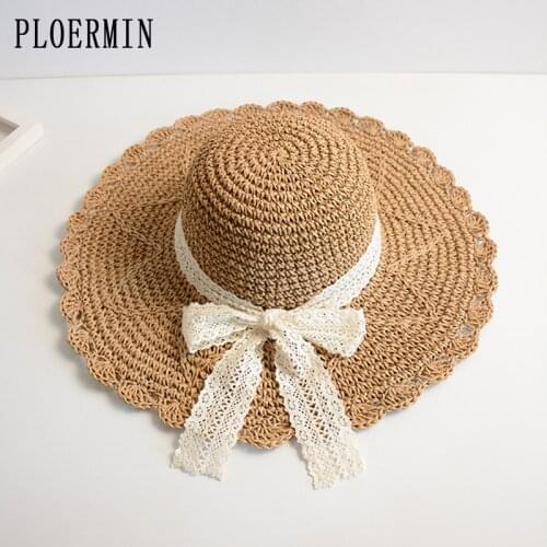 PLOERMIN Chic Panama Lace bow Sun Hat for Women Fashion Handmade Foldable Visors Fedora Wide Brim Summer Beach Hat Ladies