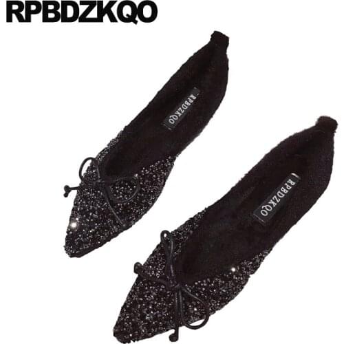 Bowtie Pointed Toe Fur Slip On Party Diamond Rhinestone Japanese Bow Chinese Crystal Women Dress Shoes Flats Winter Black Ladies