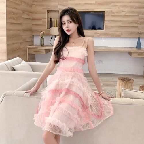 2021 Summer Luxury Runway Fashion Designer Paty Cake Dresses Women Fashion Sexy Spaghetti Strap Sequins Pink Mesh Mini Dress