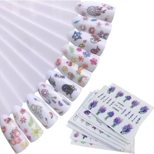 LCJ 10 Styles Lavender Nail Sticker Flower Water Decals Peony Cute Cartoon Nails Wraps Sliders Nail Art Decoration Accessories