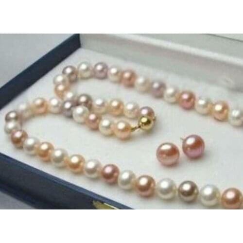 8-9MM MULTICOLOR AKOYA PEARLS NECKLACE&EARRINGS SET 17"