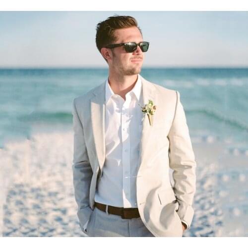 Beige Summer Mens Suits 2019 Slim Fit Beach Wedding Tuxedos Groom Wear 2 Pcs(Jacket+Pants) Bridegroom Suits Costume Homme Blazer