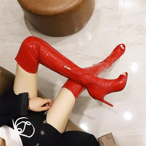 Over The Knee Boots Peep Toe Boots High Thin Heel Women Boots Stretch Pantent Leather Boots Female Boots Женские сапоги