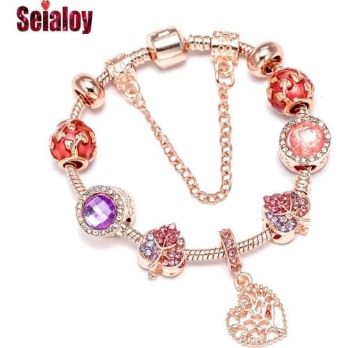 Seialoy Rose Gold Heart Tree Of Life Charm Bracelets For Women Girl Shiny Leaves Beaded Bangle Original Party Jewelry Gifts