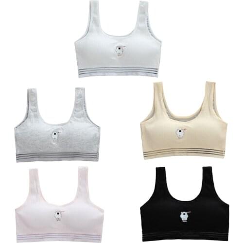 1Pc Puberty Young Girls Cotton Sports Training Bra Cartoon Bear Print Ribbed Bralette Breathable Mesh Padded Underwear Vest