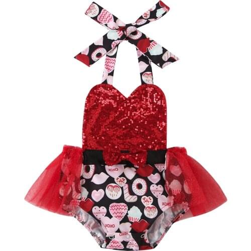 2021 3-24M Toddler Baby Girls Dress Sequin Love Printing Halter Outfits Casual V-neck High Waist One-piece Vanletine Clothing