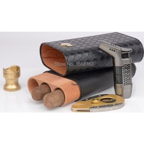 COHIBA Black Woven Pattern Weekend Travel Cigar Holder Cohiba Cedar Wood 3Plus Fingers Tube Fit for 63rings cigar