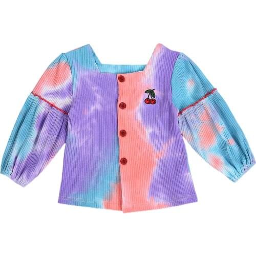 Kids Baby Girls Tie Dye Cardigan Toddler Button-Down Lantern Sleeve Cherry Knitted Sweater Children Single Breasted Top 2-7Y