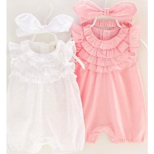DHL 100set Pretty Girl Outfits Lace Ruffle Sleeve Romper Solid Jumpsuit Bow Headband 2Pcs Baby Girl Sets 0-8M