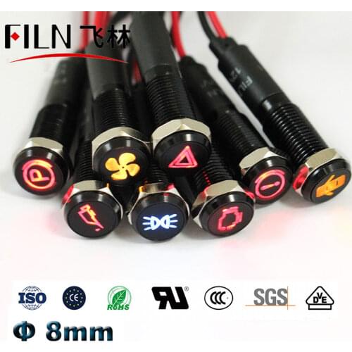 FILN 8mm black housing led red yellow white blue green 12v led indicator light with 20cm cable