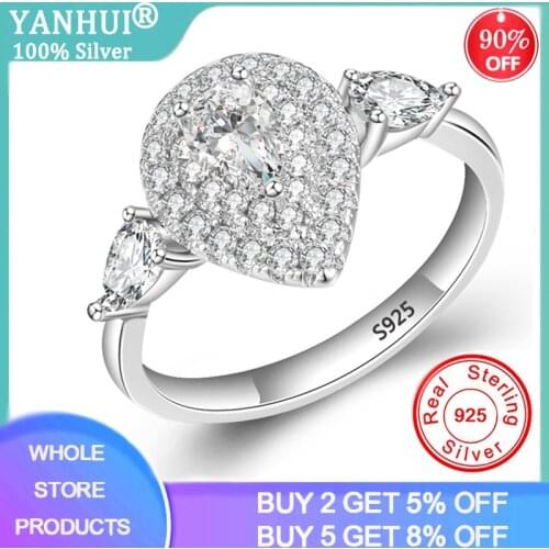 YANHUI Real 925 Sterling Silver Pear Cut Zirconia Diamond Engagement Rings Women Wedding anel aneis Fashion Party personalized