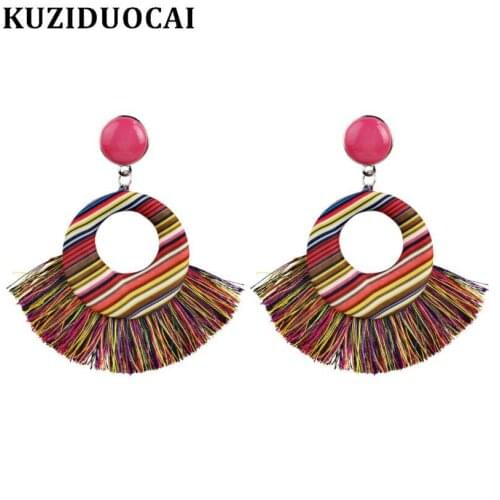 Kuziduocai New Fashion Jewelry Bohe 6 Colors Leather Round Flannel Sector Tassel Statement Drop Earring For Women Brincos E-1589