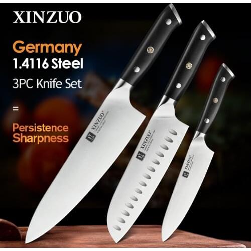 XINZUO 3pcs Kitchen Knives Set High Carbon Din 1.4116 Stainless Steel 8.5 in Chef 7 in Santoku 5 in Utility Knives Ebony Handle