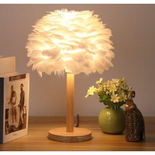 Solid Wood Table Lamp Premium Nature Feather Bedroom Bedside Light for Boys and Girls Princess Room Living Room Home Decoration