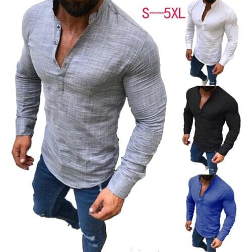 New Autumn Solid Color Long-sleeved Casual Linen Half-open Shirt Stand Collar Slim Shirts
