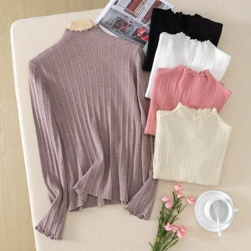 2021 Autumn Winter Turtleneck Sweater Knitted Pullovers with Ear Edge Women Long Sleeve Solid Color Loose Casual Jumper Tops
