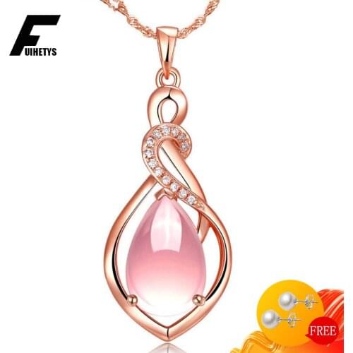 Fashion Women Necklace 925 Silver Jewelry Water Drop Shape Rose Quartz Zircon Gemstone Pendant for Women Wedding Engagement