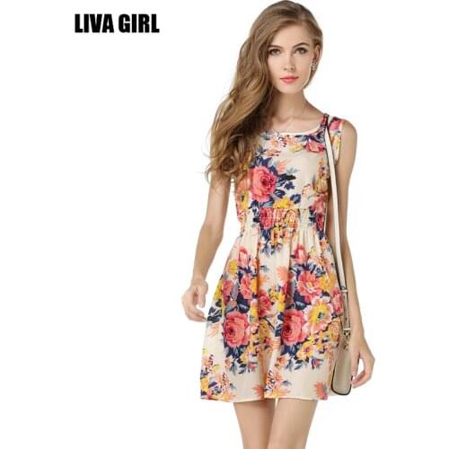 LIVA Women Summer Dress 2018 Fashion Boho New Apricot Sleeveless O-Neck Florals Print Pleated Party Club-wear Formal Dress
