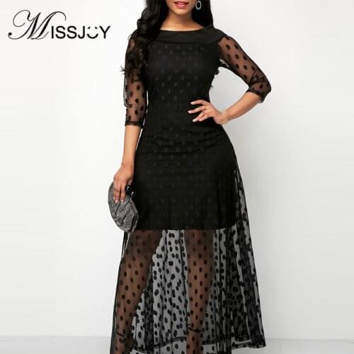MISSJOY 2019 Autumn Ladies Patchwork O-Neck Lace Women Dress Party temperament Polka Dot Slim Sexy Female 3/4 Sleeves Evening