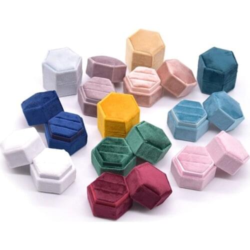 15 Color Velvet Double Ring Box Hexagon Wedding Ceremony Ring Box with Detachable Lid Box
