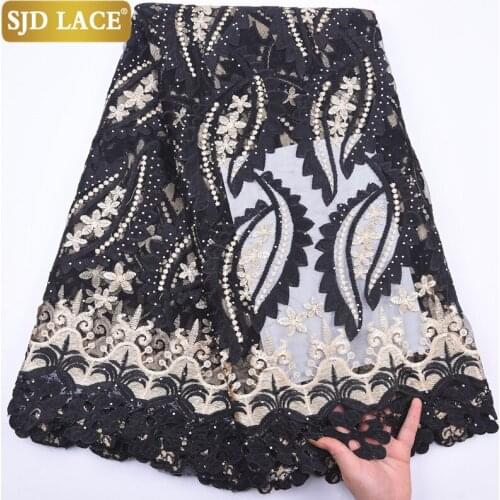 SJD LACE Black African Mesh Lace Fabric With Stones Embroidery French Lace Fabric Splicing Guipure Cord For Wedding Dress A2075
