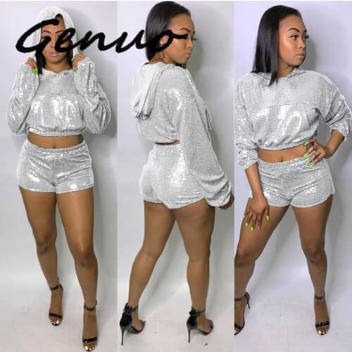 Sexy Silver Sequin Two Piece Sets Women Glitter Crop Top Skinny Pants 2 Piece Sets Party Sparkly Matching Sets Hoodies Outfits