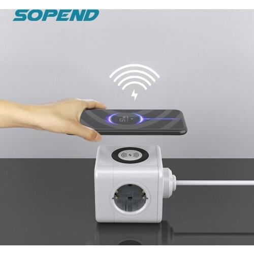Sopend Power Strip 2 USB Electric with Type C Socket Tee Powercube 15W Wireless Charger Station Eu Plug Smart Outlets 1.5m Cord