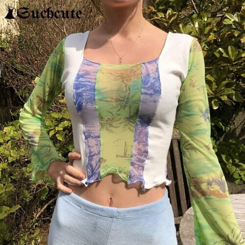 SUCHCUTE Parchwork Print Vintage Women T-Shirts Square Collar Slim Aesthetic Long Sleeve Y2K Cropped Tops Female Kawaii Tee 2021