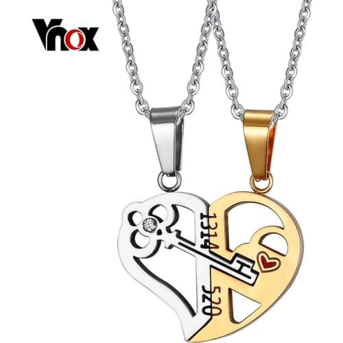 Vnox Key & Lock Heart Shape Necklace for Women Men Pendant Couple Necklaces Lover Friendship Jewelry 2pcs/ sets Anniversary Gift