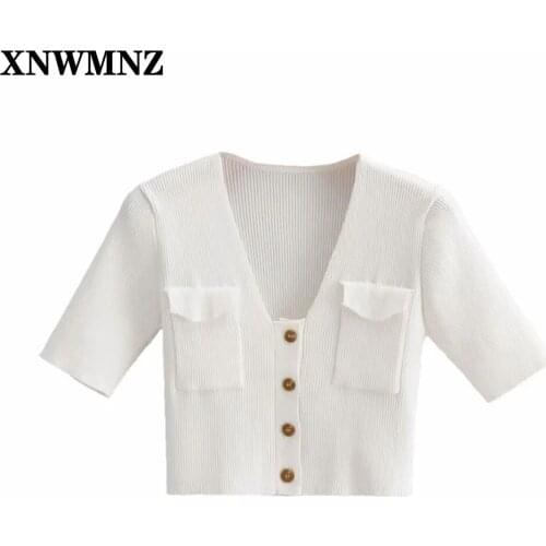 XNWMNZ 2021 Women Fashion Pockets Button-up Knitted Cropped Blouses Vintage V Neck Short Sleeve Female Shirts Blusas Chic Tops