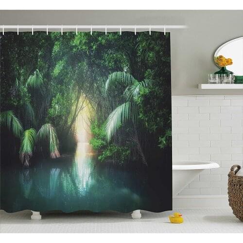 Jungle Shower Curtain Tropical Lake Mangrove Rainforest Pathway Through Lush Sri Lanka Travel Destination Bath Curtains