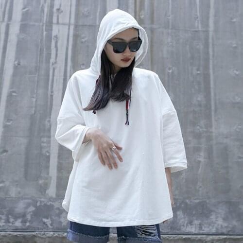 Ladies' new summer plus-size bat sleeve five-minute sleeve loose solid color hooded all-match Tee
