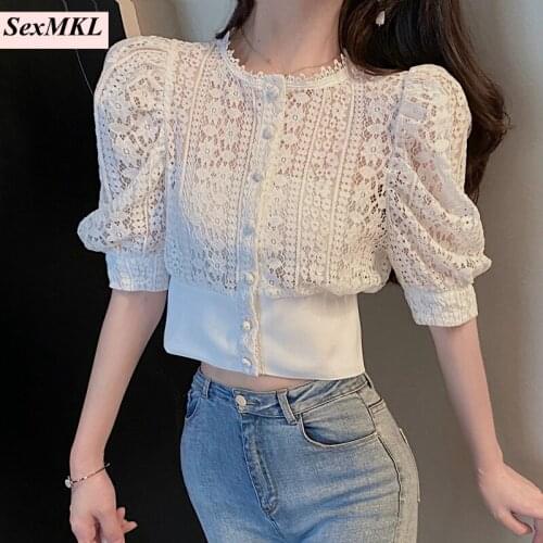 2021 New Fashion Hollow Out White Blouse Summer Women Puff Sleeve Lace Ladies Tops Sexy Korean Y2k Loose Black Crop Top Blusas
