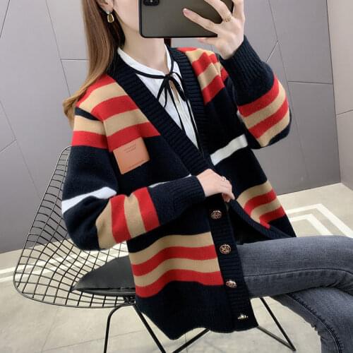 Boutique Women 's Clothing 2021 Spring and Autumn New V-neck Knitted Cardigan Contrast Colors Slimming Loose Sweater Coat