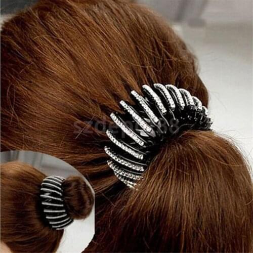 Womens Crystal Rhinestone Two Rows Expanding Tail Hair Holders Clips Grips Clamps Claw Hairpin