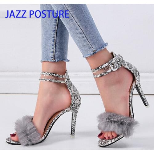 Women Pumps Snake Black High Thin Heels Ankle Strap Platform Faux Fluffy Rabbit Fur Woman Sandal Party Wedding Lady Shoes y822
