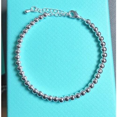 Womens S925 Sterling Silver Original Classic 4mm Ball Beaded Bracelet Couple Silver Beaded Bracelet Jewelry Gift