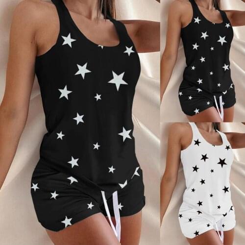 Fashion Women Printing Sets Casual Sleeveless Set Casual Vest Two-piece Suit Summer Sleeveless Set Casual Vest Two-Piece Suit