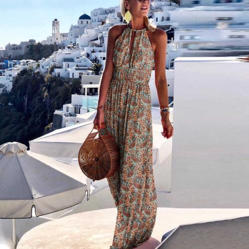 2021 Summer Sexy Backless Long Dress Vintage Boho Print Hollow Out Maxi Dress Women Elegant Halter O Neck Sleeveless Party Dress
