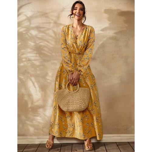 WomenS Long-Sleeved Dress Large Hem Floral Print V-Neck Fall2021 New Beach Dress Casual And Fashionable Temperament Yellow/Blue