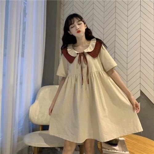 Hstar Peter Pan Collar Lace Up Panelled Party Dress Sweet Japanese Style Women Lolita Ulzzang Fashion Summer New Cute Dress