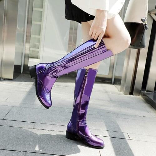 2019 new winter Patent Leather Women boots Warm Plush knee-high zipper boots riding woman boots shoes purple black Platform Boot