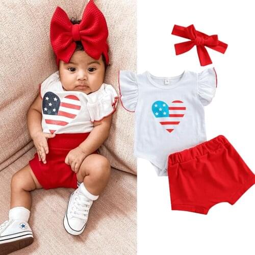 3Pcs Baby Girl’s Clothes Independence Day Fly Sleeve Romper and Solid Color Shorts with Headband