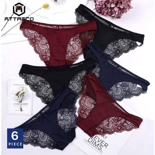 ATTRACO Women Hipster Underwear String Pantie Briefs Cotton 6 Pack Cueca Calcinha Tanga Thong Lace Edge Breathable Transparent