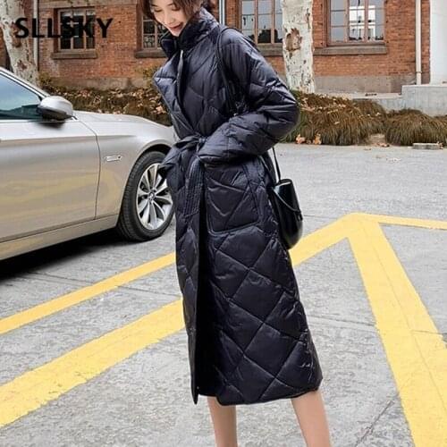 SLLSKY rhombus pattern Long Straight Winter Coat Adjustable Waist Sashes Women Parkas Deep pockets Turn-down Collar outerwear
