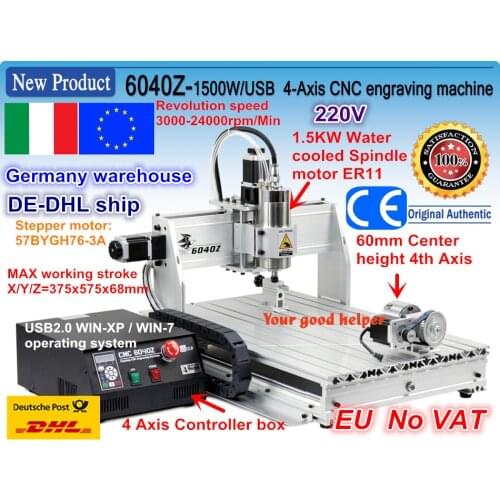 EU/DE free ship 4 Axis USB port 6040 CNC 2200W 2.2KW USB Mach3 CNC Router Engraver Engraving Cutting Milling Machine 220VAC